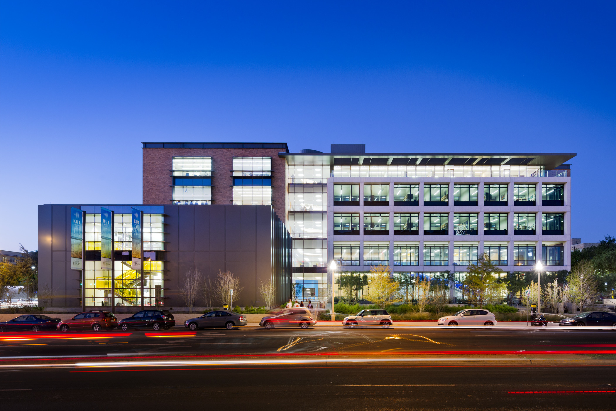 Image of the G.B. Dealey Center for New Media at night