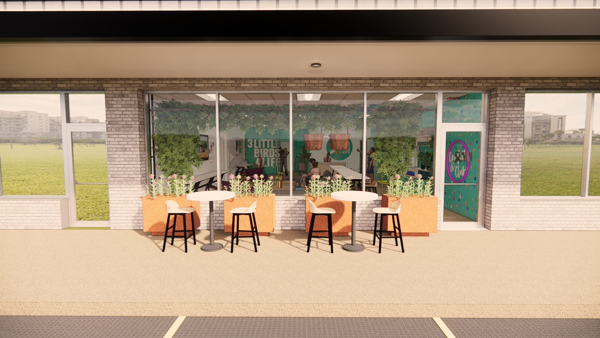 An architectural rendering showcasing a number of tables outside a bright storefront on a sunny day