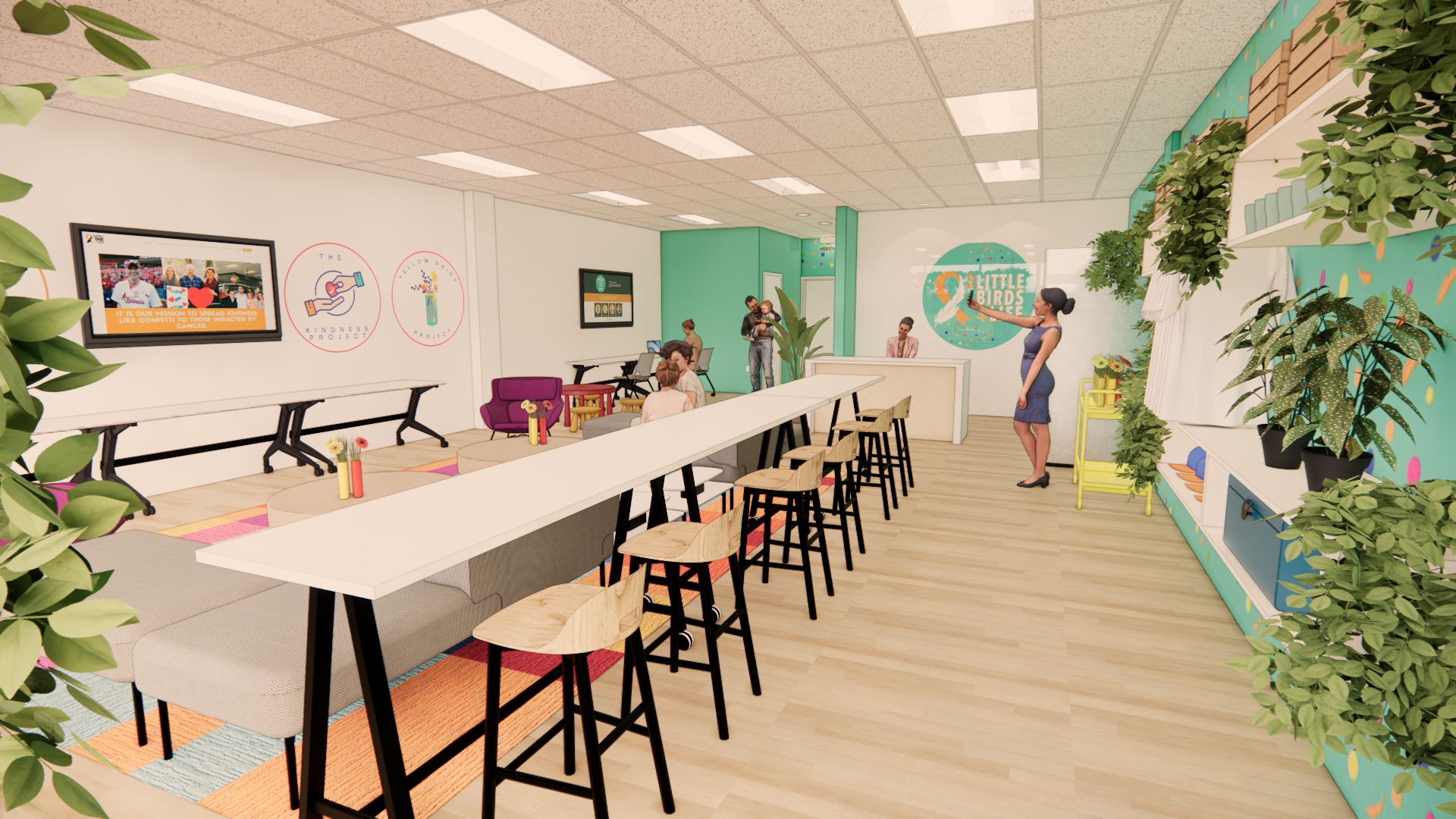 An architectural rendering showcasing a number of people enjoying a bright, open, positive space, with 3 Little Birds branding adorning the walls of the room