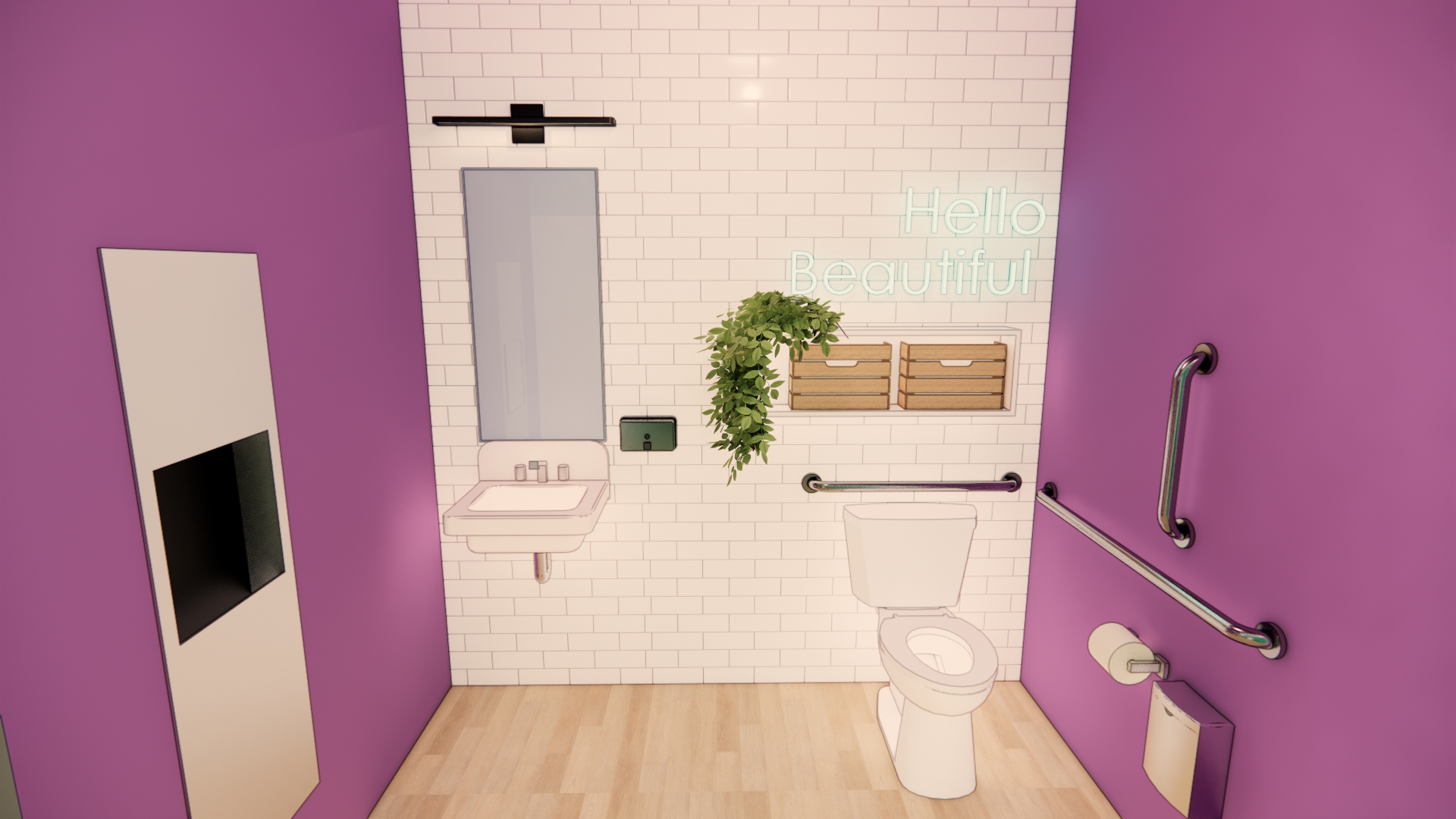 An architectural rendering of a restroom with a white tile wall and purple accents, including a neon sign that reads "hello beautiful" over a handicap accessible railing.