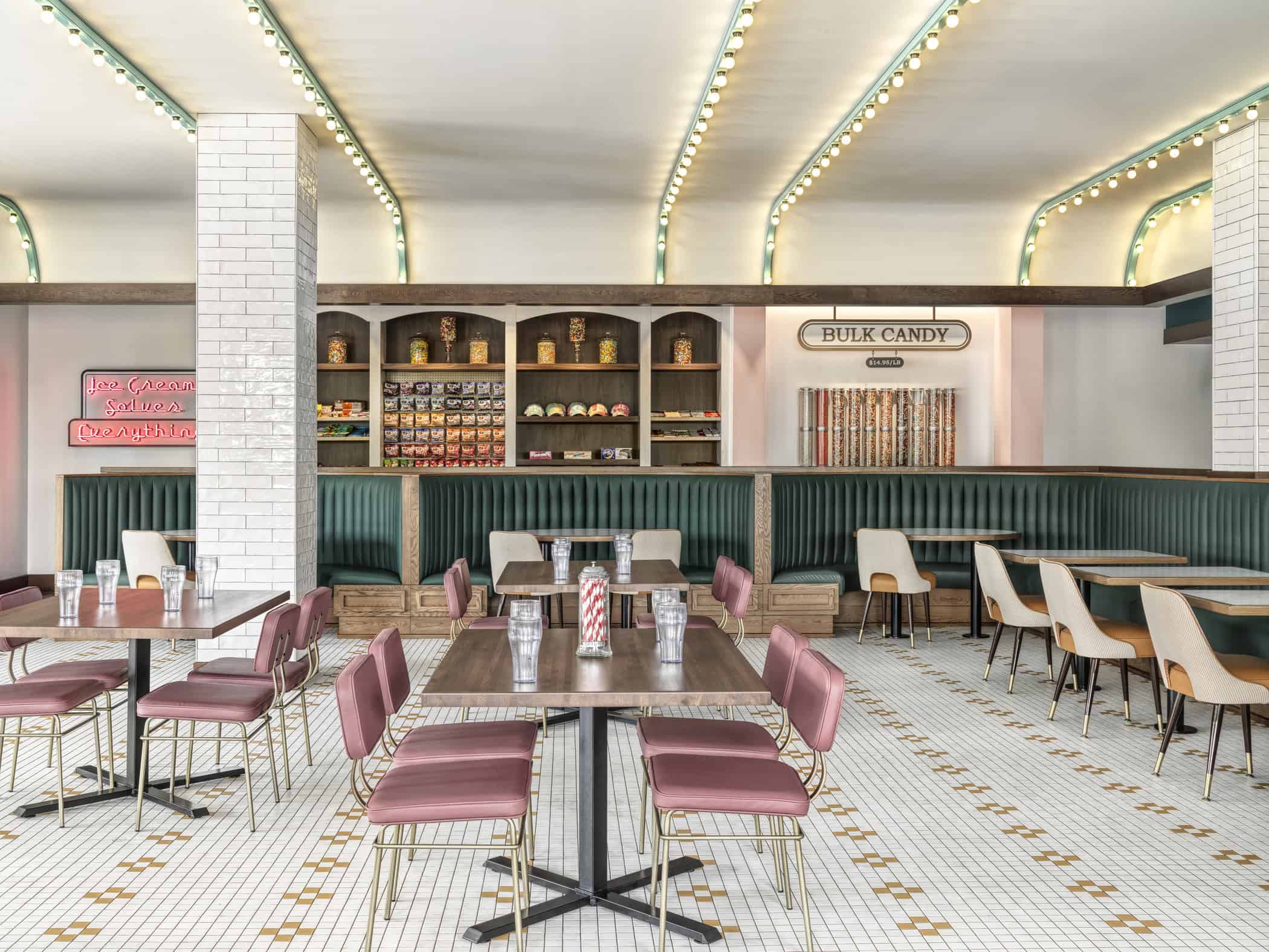 Modern-meets-retro inspired dining area of Soda Fountain Express.