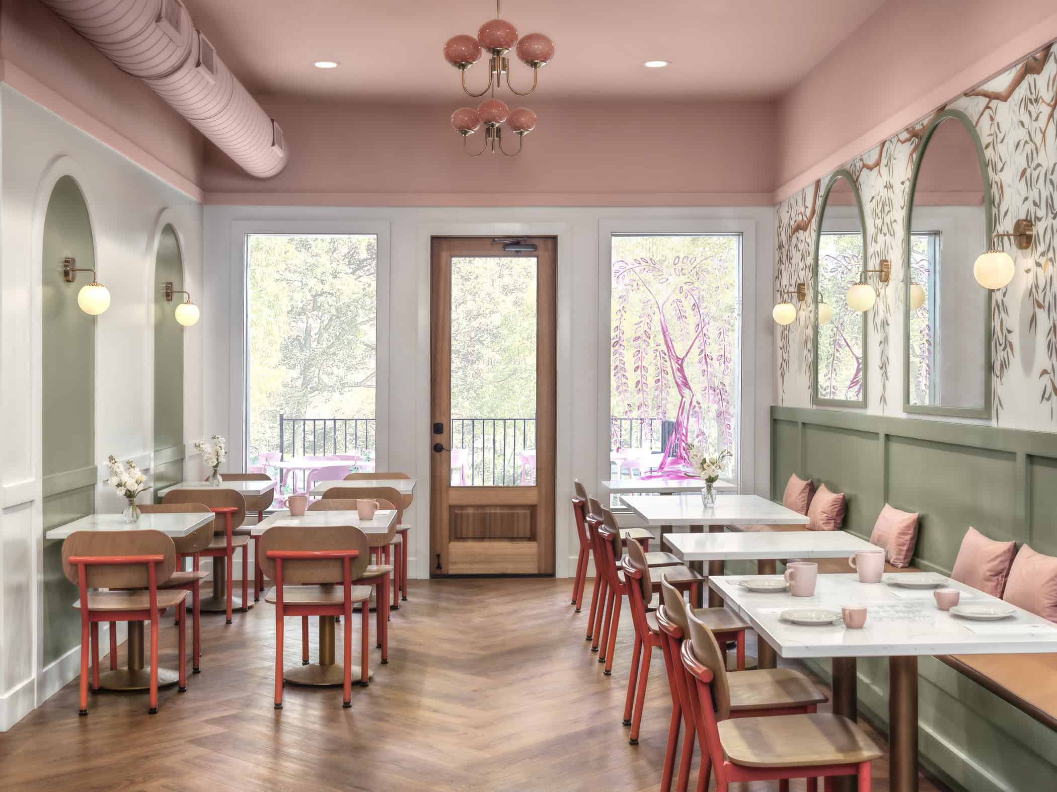 Seating area inside Pink Willow Cafe.