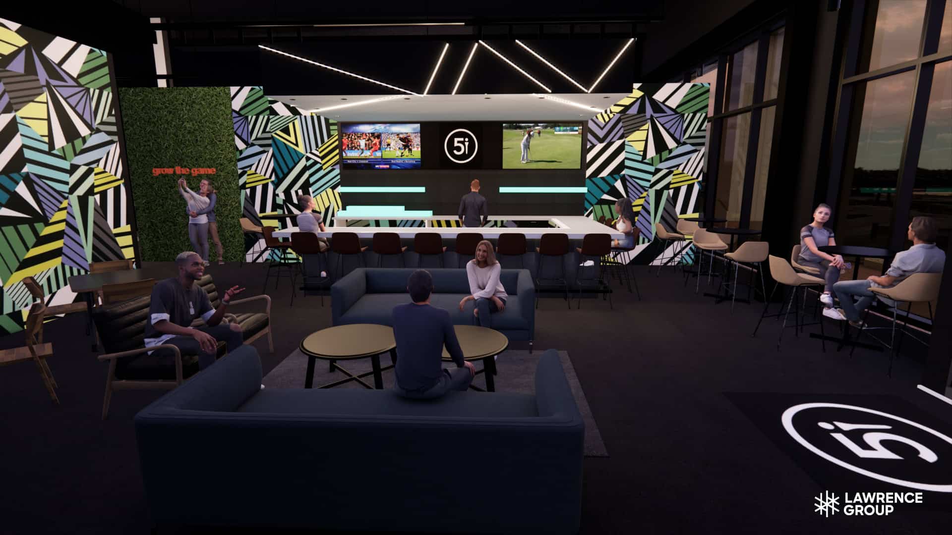 Rendering of the bar area at Five Iron Golf Venue