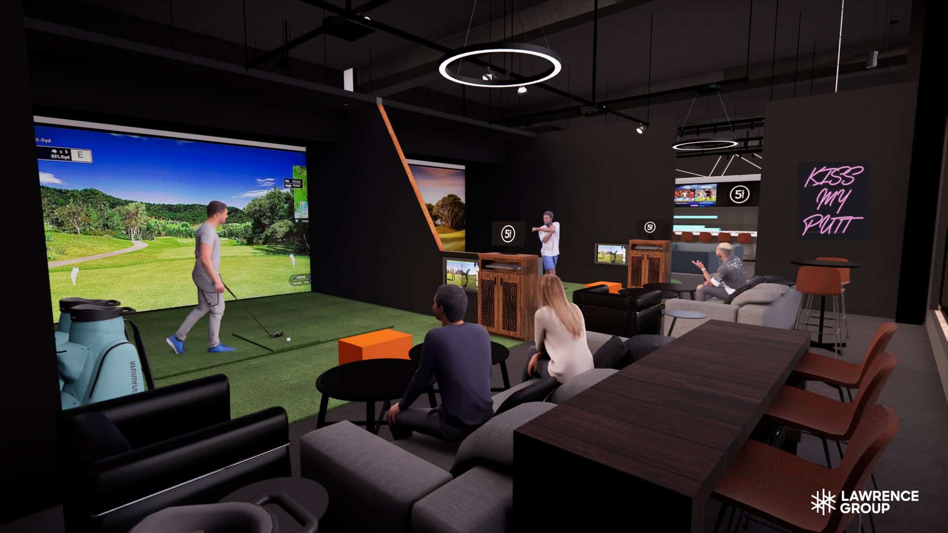 Rendering of golf simulator bay at Five Iron Golf Venue