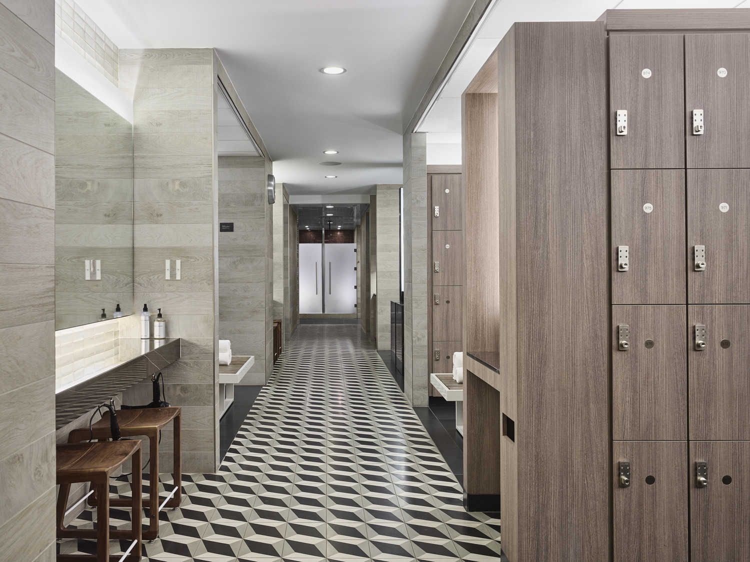 Hallway to shower and locker rooms at Equinox