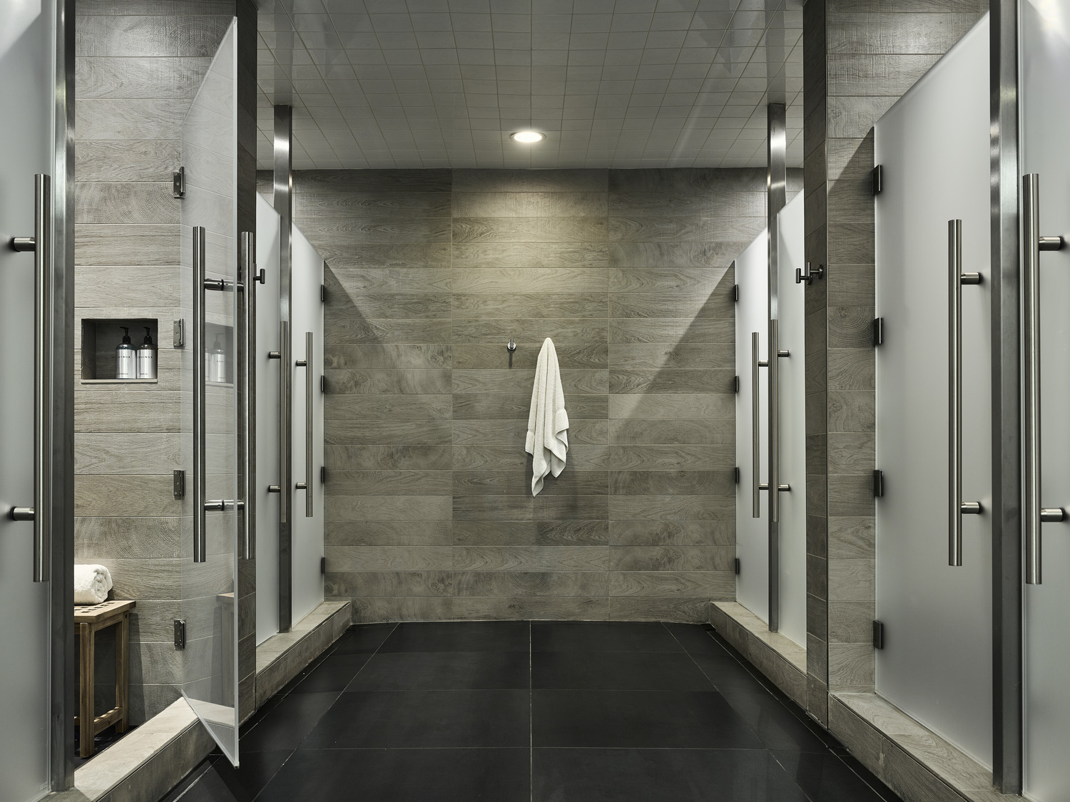 Entrance to shower stalls at Equinox