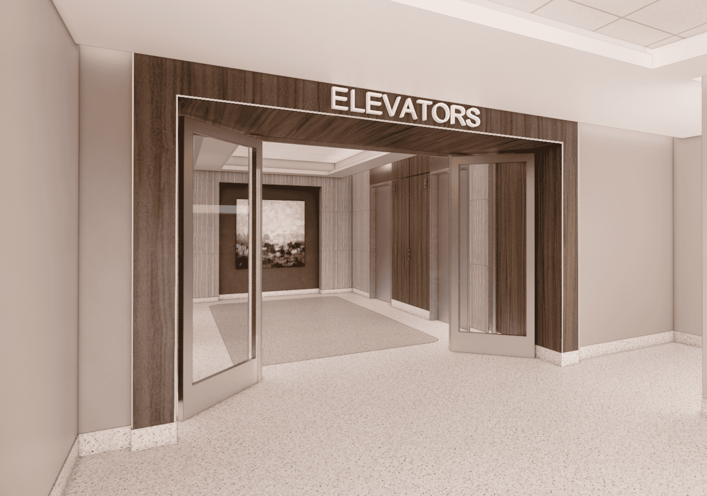 Elevator landing rendering at Washington University School of Medicine & Barnes Jewish Hospital Ambulatory Cancer Center