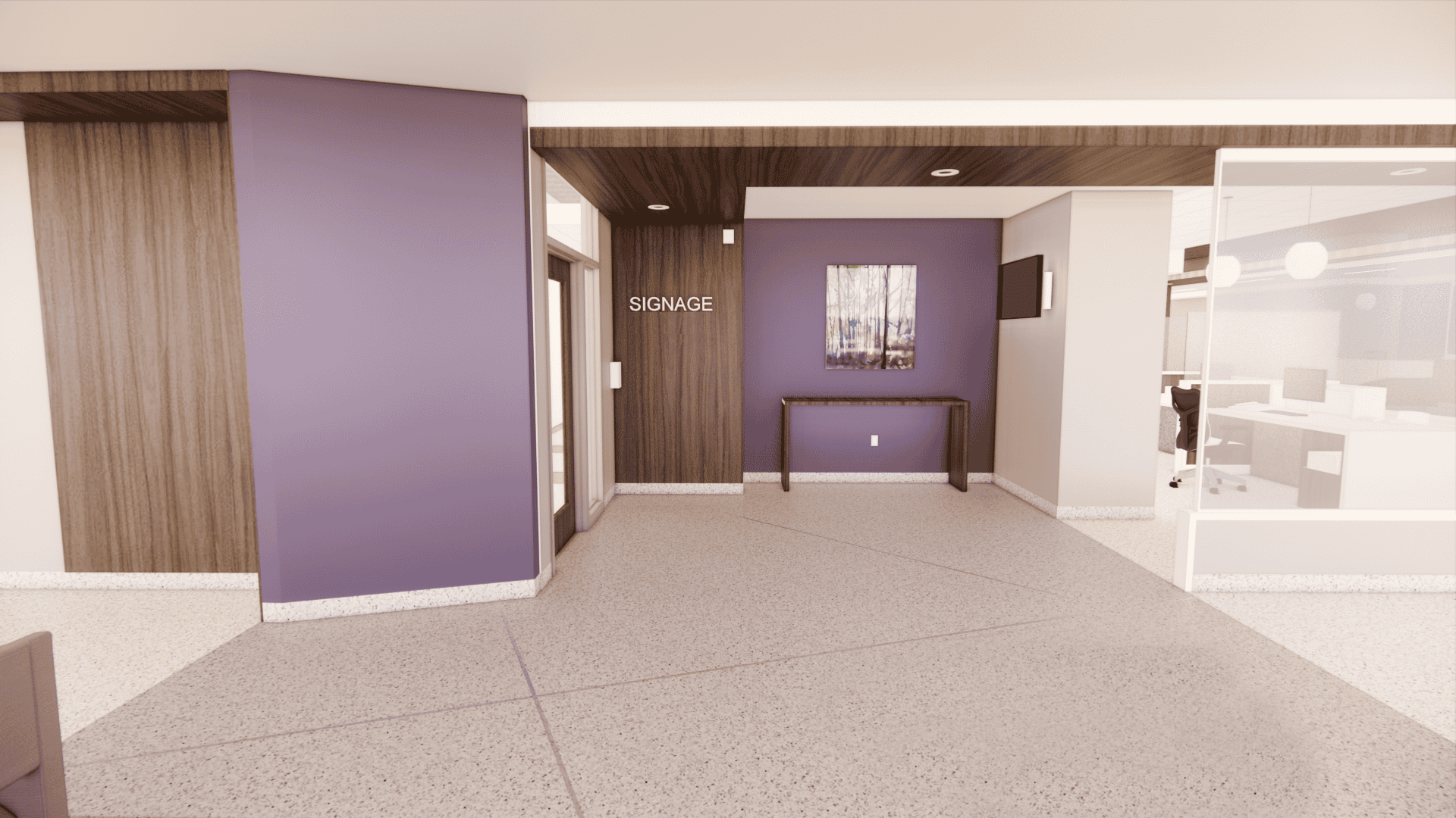 Entrance hallway in the color purple to the breast imaging area at Washington University School of Medicine & Barnes Jewish Hospital Ambulatory Cancer Center