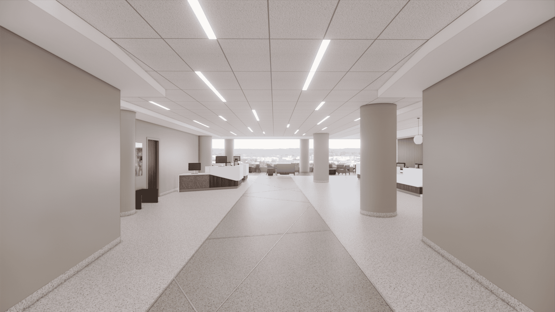 Hallway to the registration desk and waiting area at Washington University School of Medicine & Barnes Jewish Hospital Ambulatory Cancer Center