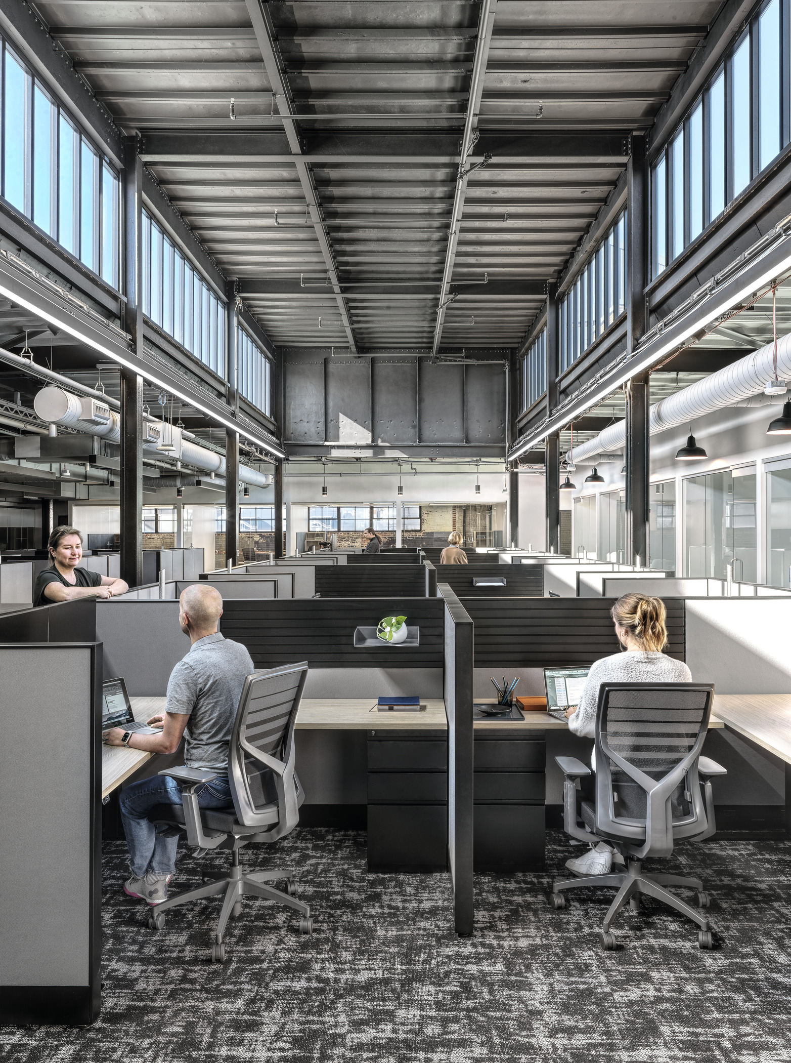 Cubicles at the center of Lochmueller Group's office.