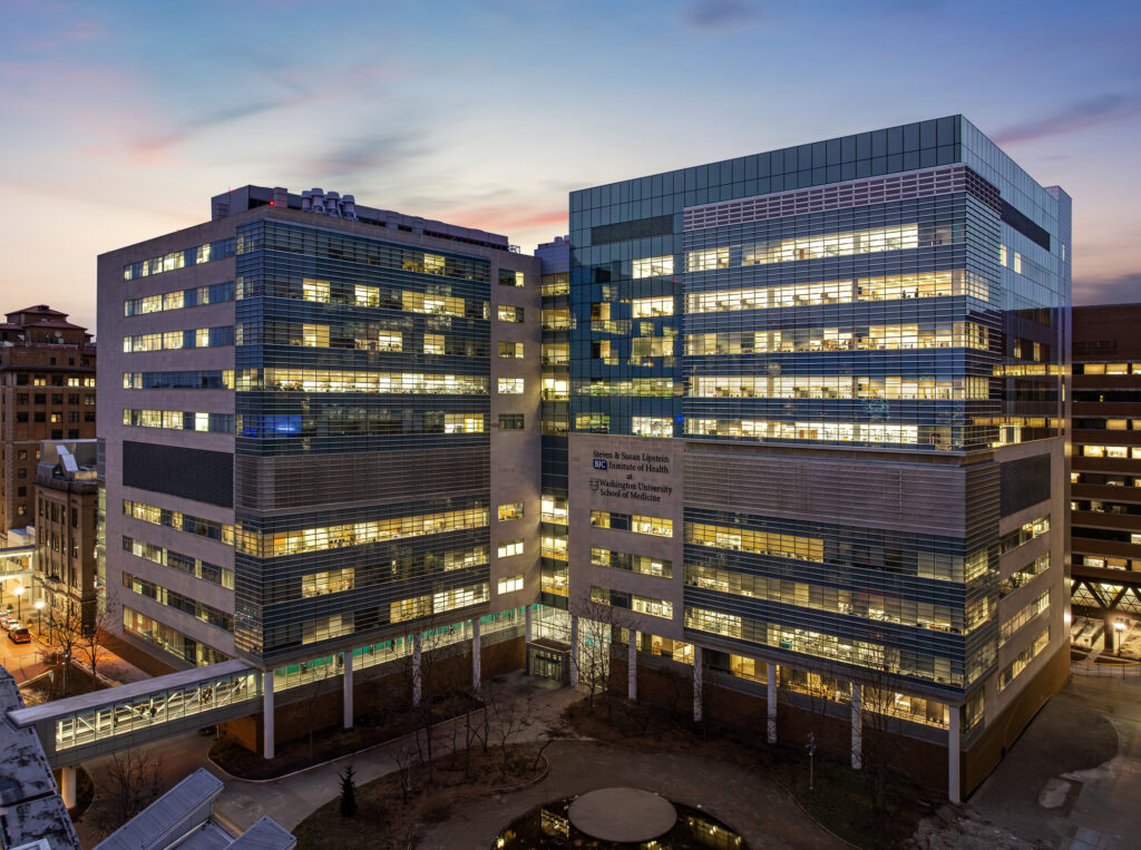 A photo a hospital building at dusk. 