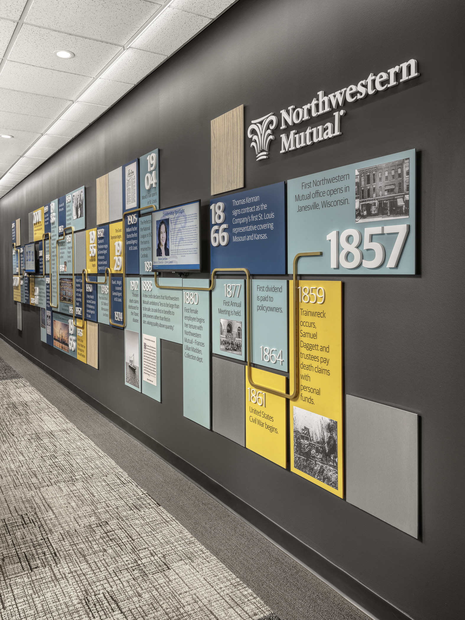 A color-coded graphic wall details the regional and national history of Northwestern Mutual