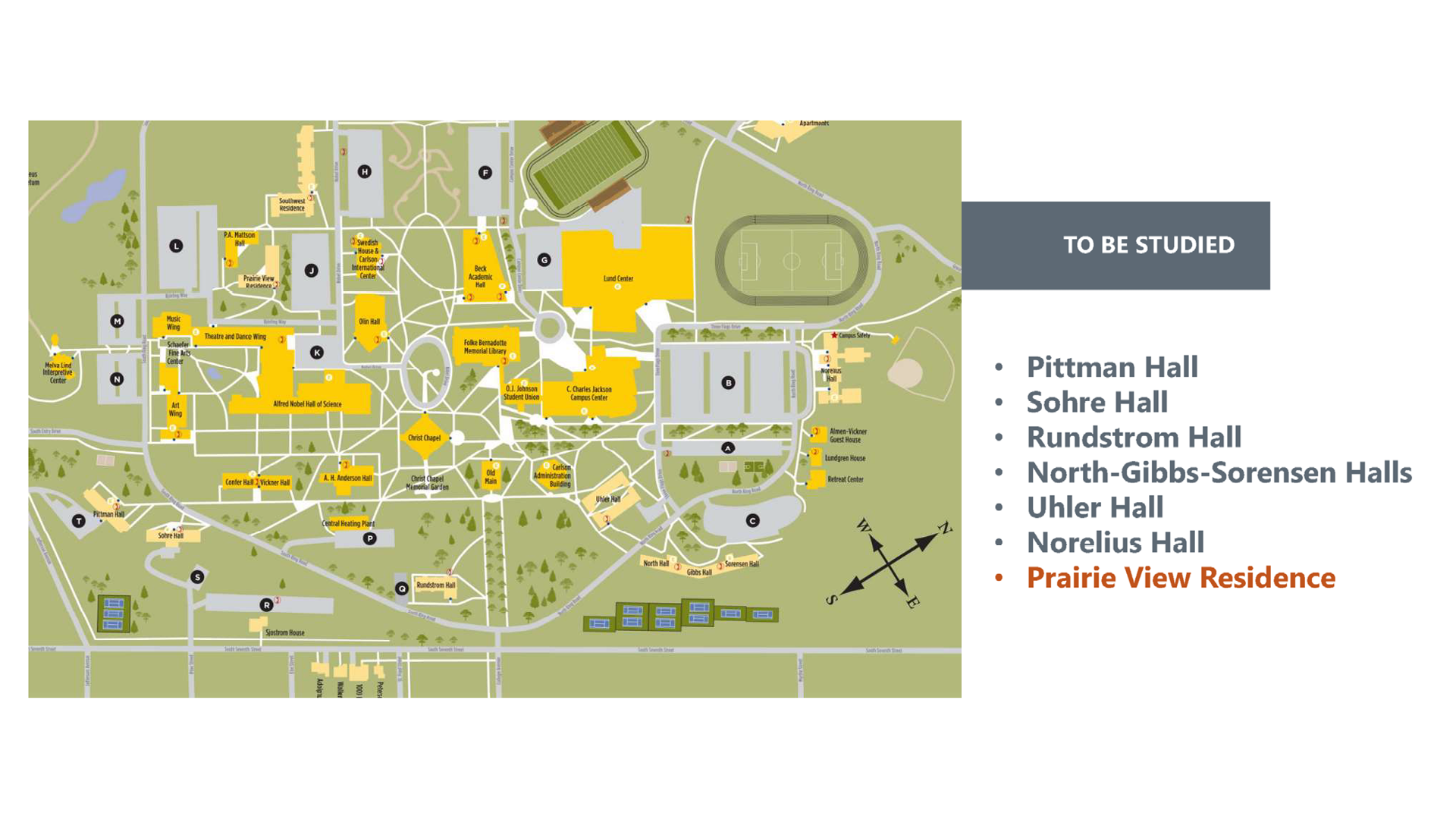 A graphic of Gustavus Adolphus College Campus Map andto the right a list of residence hall names marked on the map.