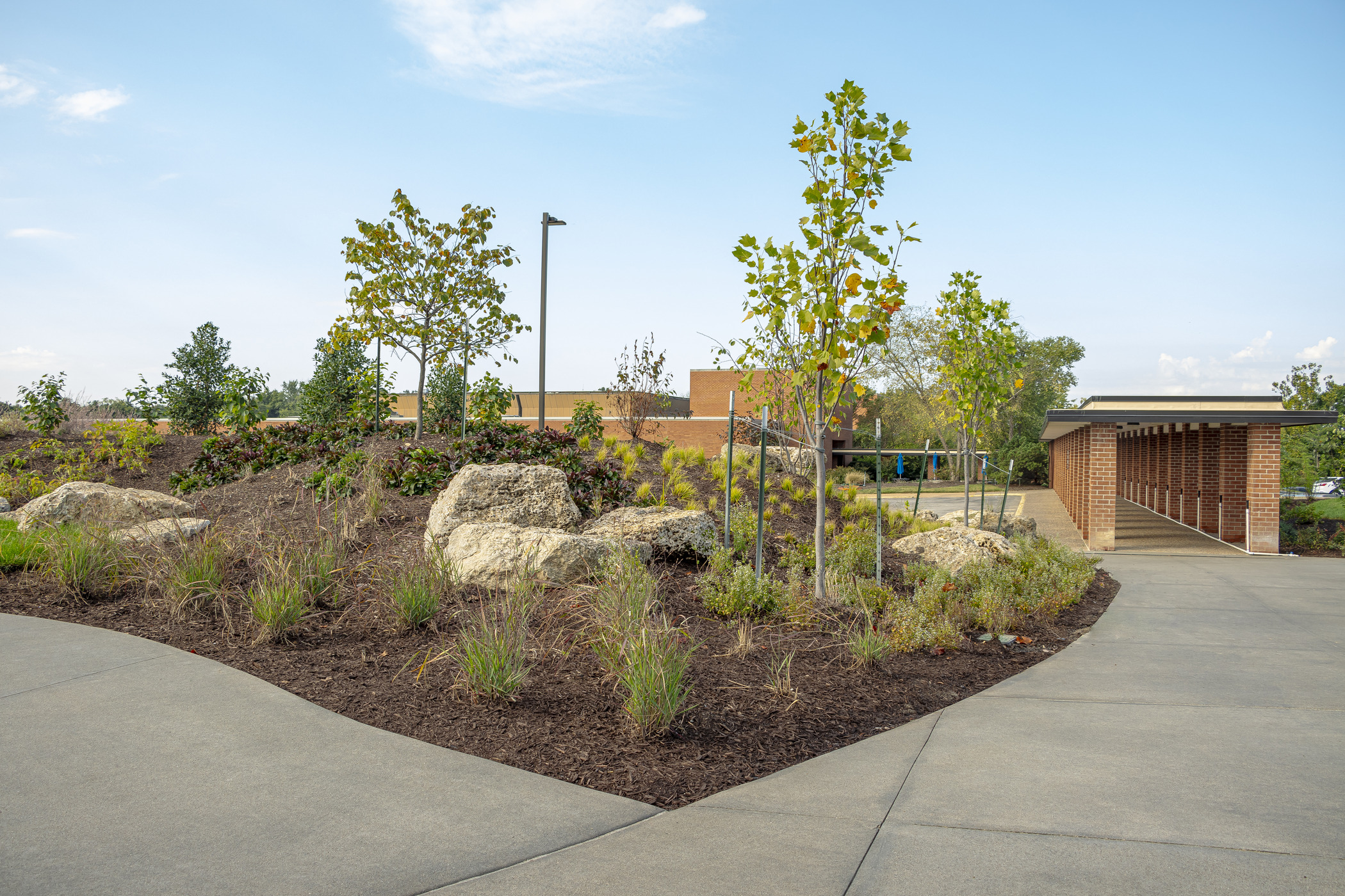 Curved concrete walkway bordered by native plants, ornamental grasses, and large boulders at 1385 Plaza, connecting Maritz campus buildings with sustainable landscape architecture.