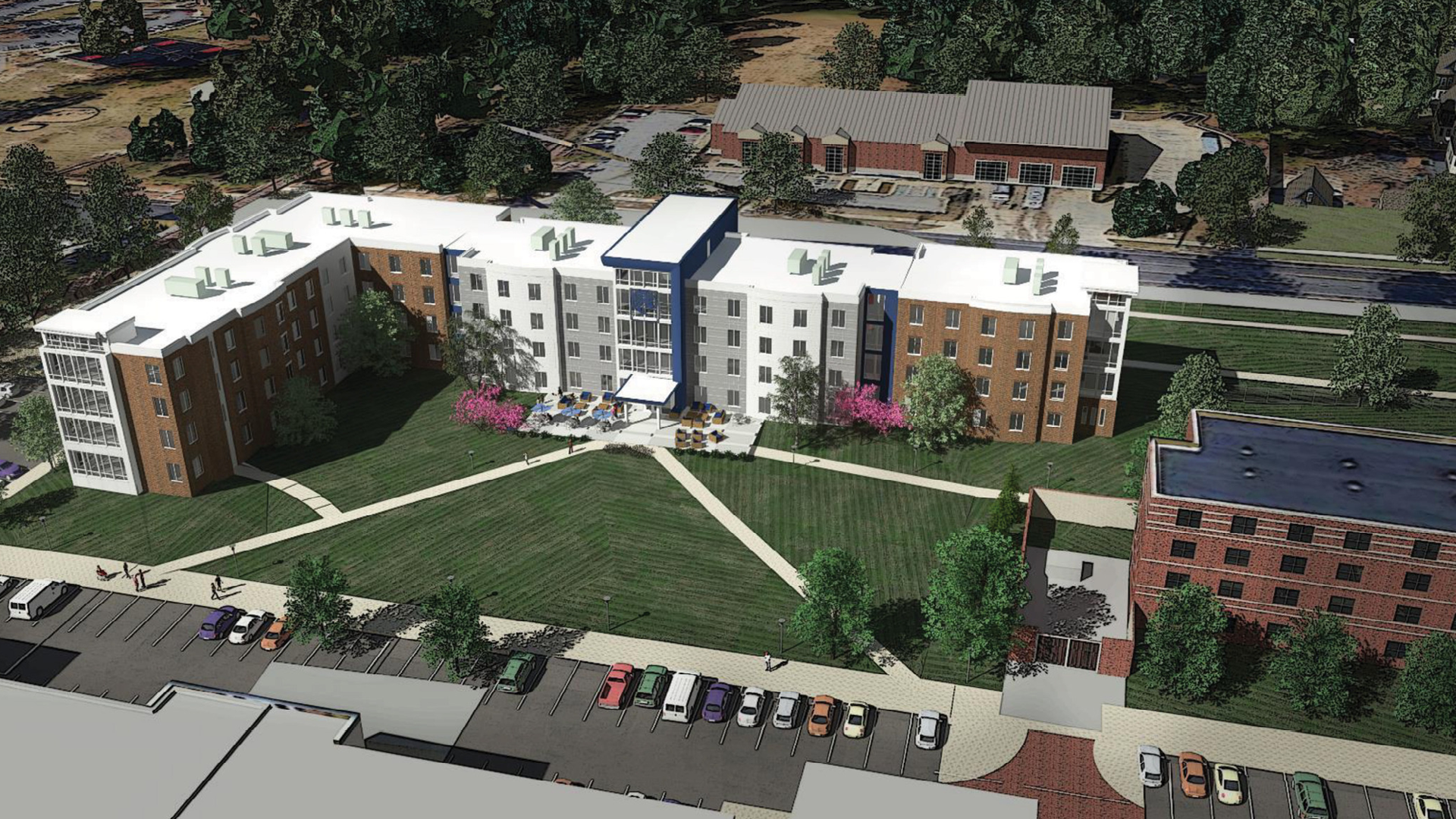 Exterior rendering of the Fayetteville State University Bronco Pride Hall building front elevation.