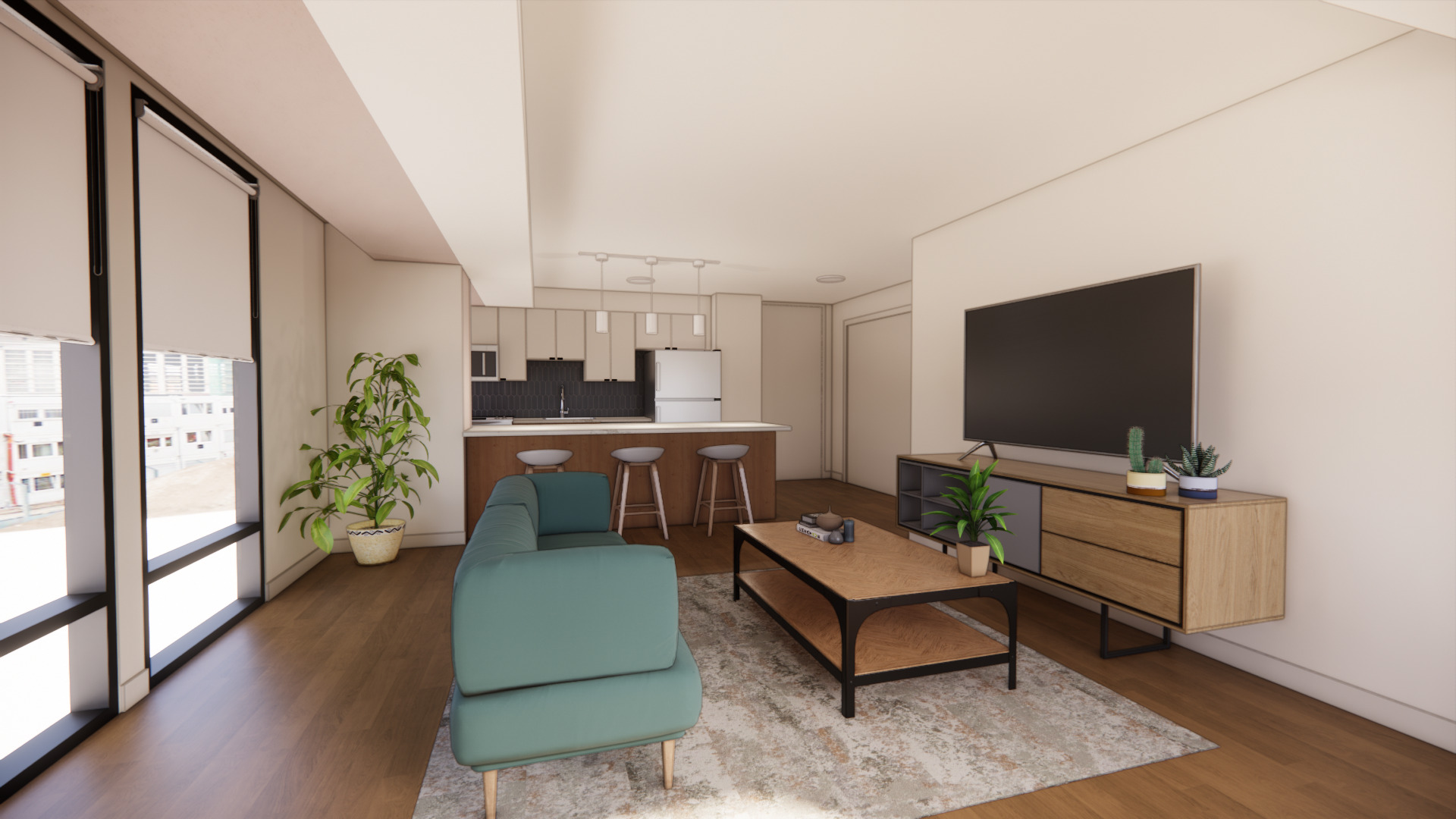 Mansion House Resident Unit Living Area and Kitchen Rendering