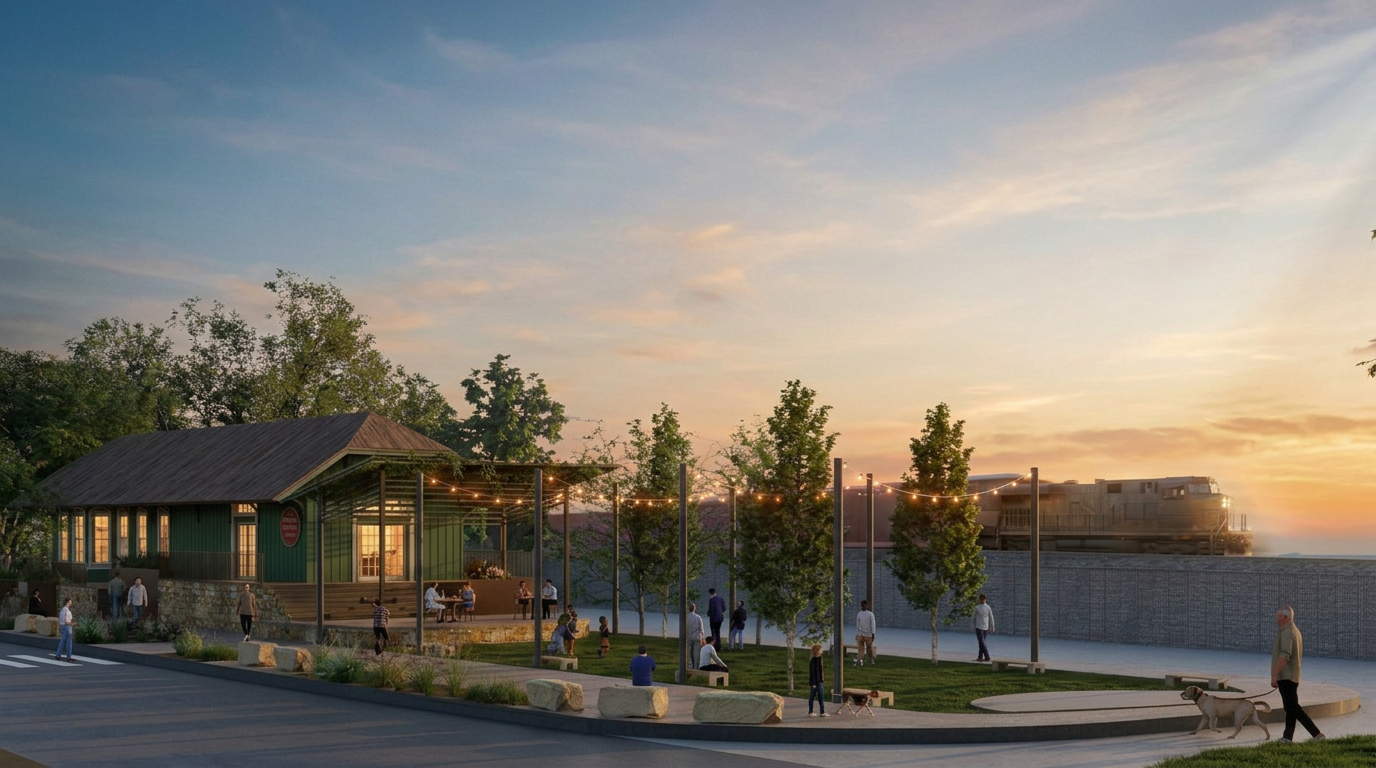 Waterfront pavilion and park at sunset, with people walking, relaxing, and enjoying the outdoor space.