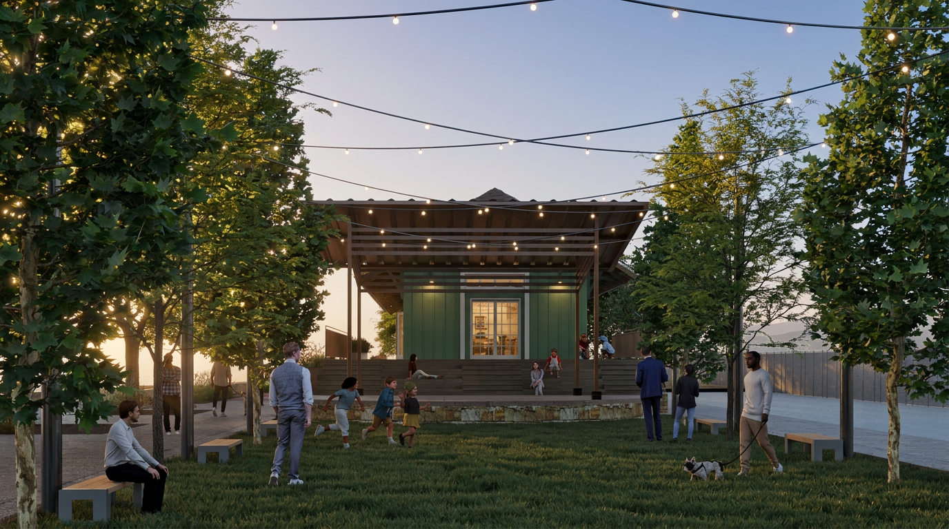Rendering of a lawn gathering area with a small pavilion, string lights, trees, and people relaxing, walking, and playing with a dog.